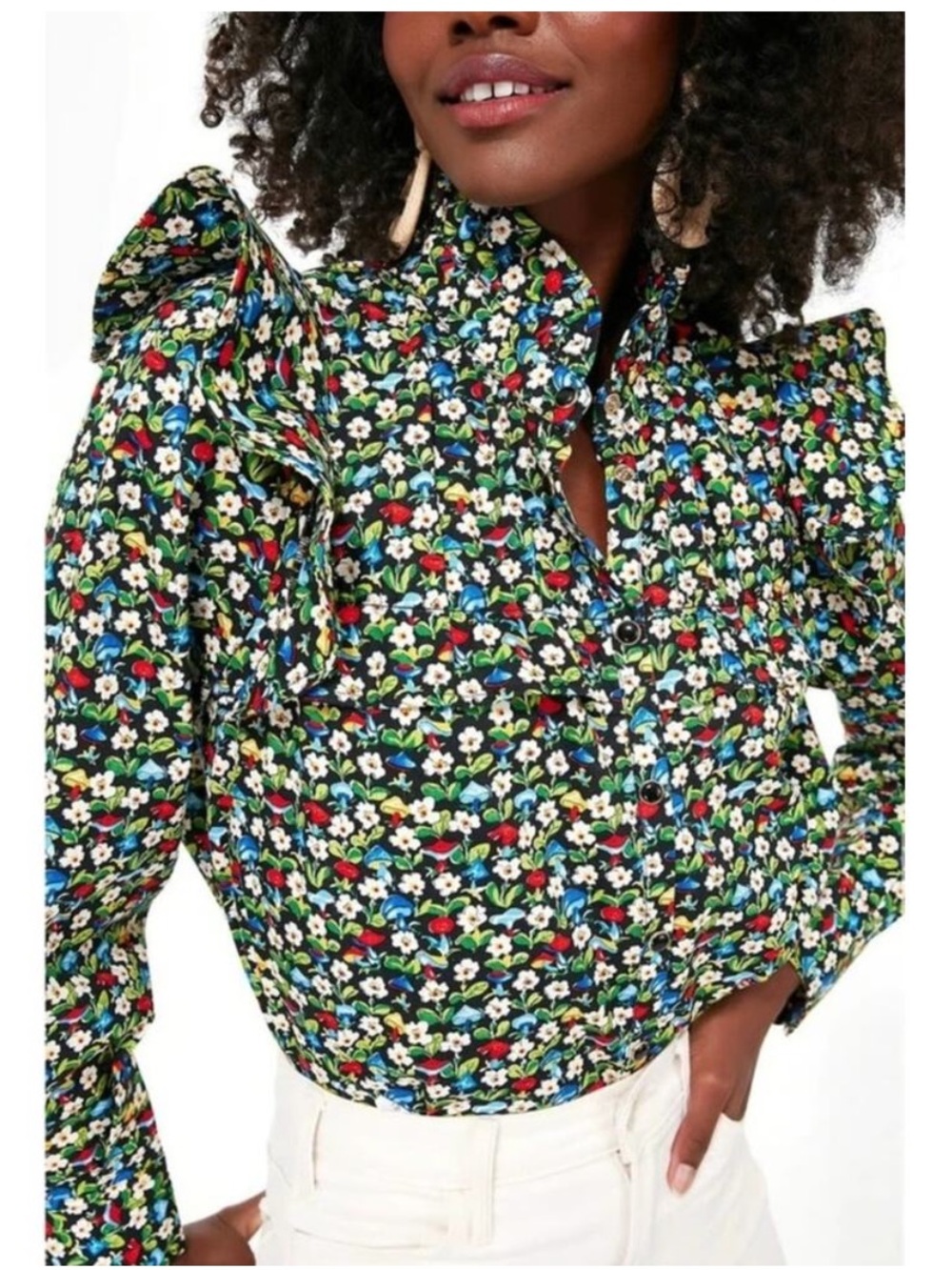 Tuckernuck Black Floral Puff-Sleeve Button Front Top